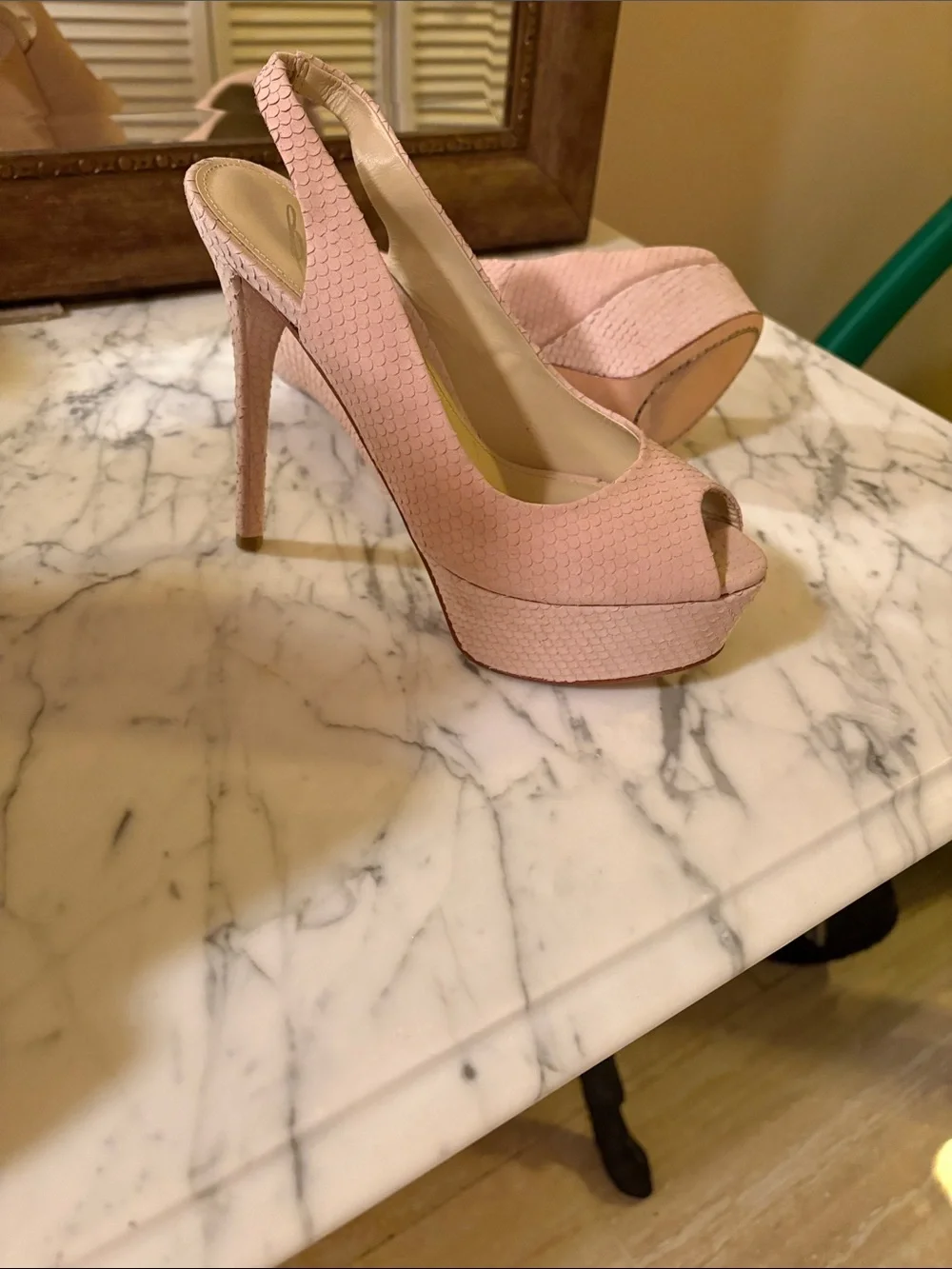 Brian Atwood Blush Pink Peep-Toe Platform Slingbacks